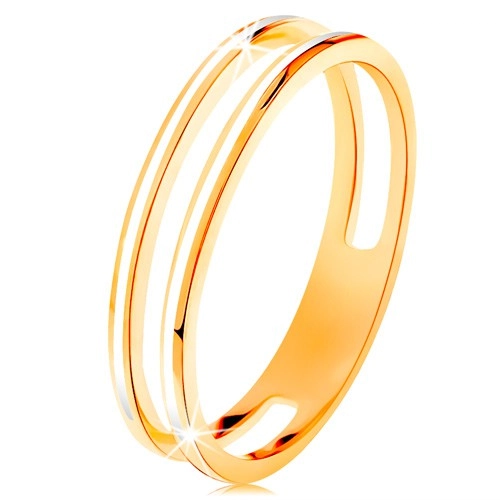 Prsten ve žlutém zlatě 585, dva úzké kroužky zdobené bílou glazurou - Velikost: 52