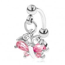 Ocelový piercing do obočí stříbrné barvy, růžový zirkonový motýl