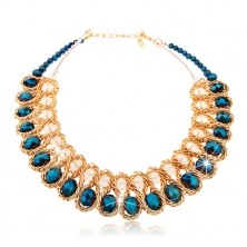 Masivní náhrdelník, modré a čiré broušené korálky, propletený řetízek