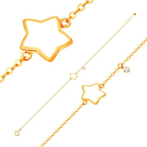 Náramek ve žlutém 14K zlatě, přívěsky - hvězda s bílou glazurou, zirkon