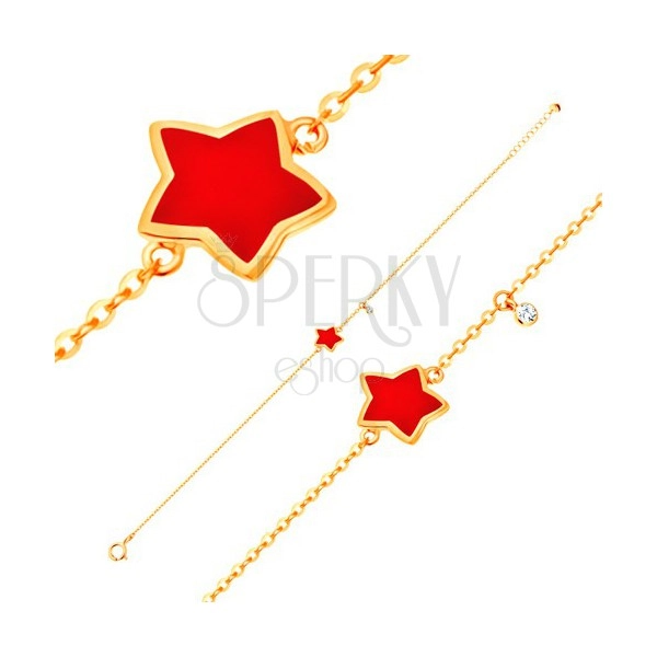 Zlatý náramek 585 s přívěsky - hvězda s červenou glazurou, čirý zirkon