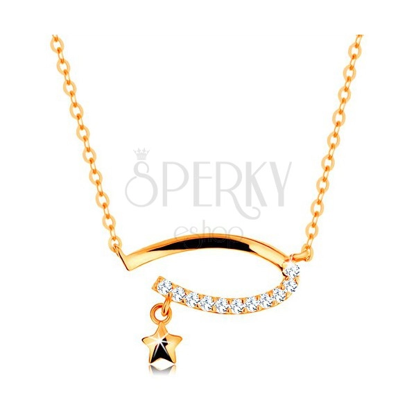 Zlatý 14K náhrdelník - neúplný ovál s čirými zirkony, hvězdička, jemný řetízek