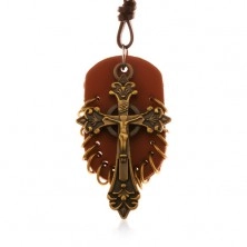 Kožený náhrdelník, přívěsky - hnědý ovál s malými kroužky a keltský kříž
