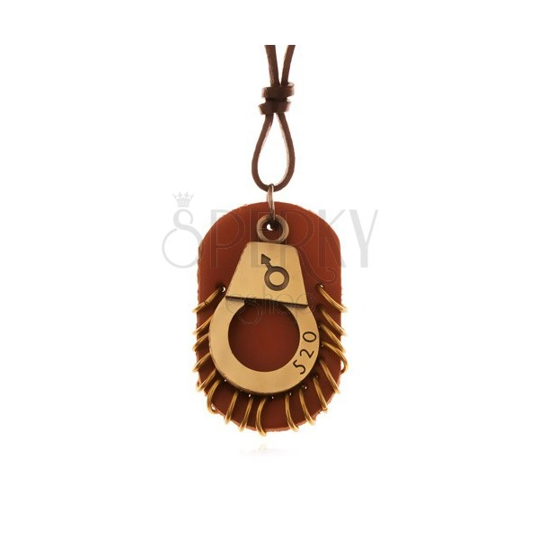 Kožený náhrdelník - nastavitelný, pouta s číslem, hnědá známka s kruhy