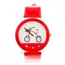 Červenobílé náramkové hodinky, velký ciferník s obrázkem bicyklu