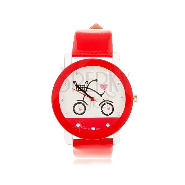 Červenobílé náramkové hodinky, velký ciferník s obrázkem bicyklu