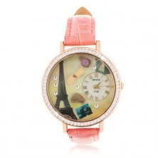 Analogové hodinky, růžový řemínek, ciferník s motivem Paříže, čiré zirkony