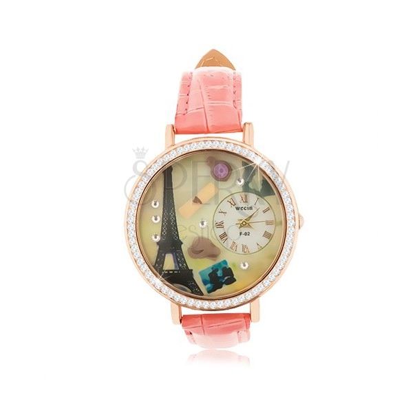 Analogové hodinky, růžový řemínek, ciferník s motivem Paříže, čiré zirkony