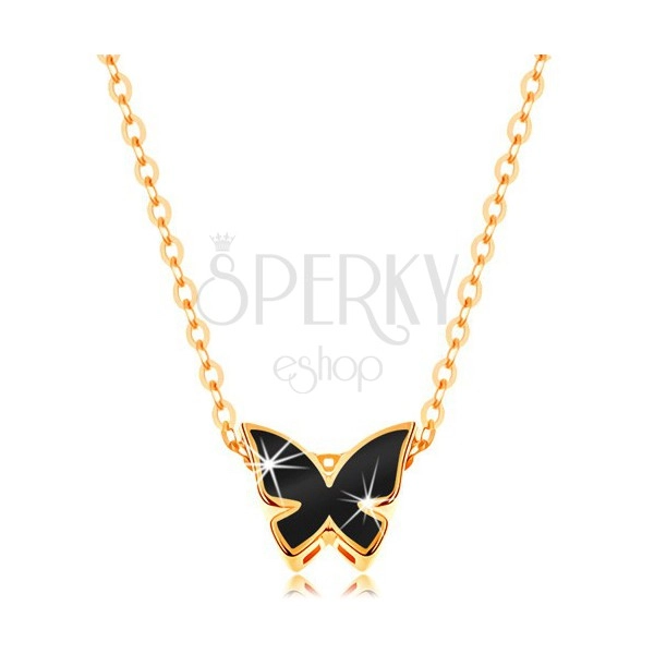 Zlatý 14K náhrdelník - lesklý řetízek, motýl zdobený glazurou černé barvy