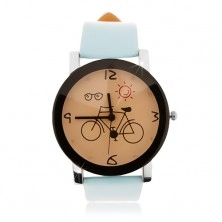 Náramkové hodinky, velký ciferník s obrázkem bicyklu, světle modrý řemínek