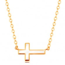 Náhrdelník ze žlutého zlata 585 - bílý glazovaný křížek, lesklý řetízek