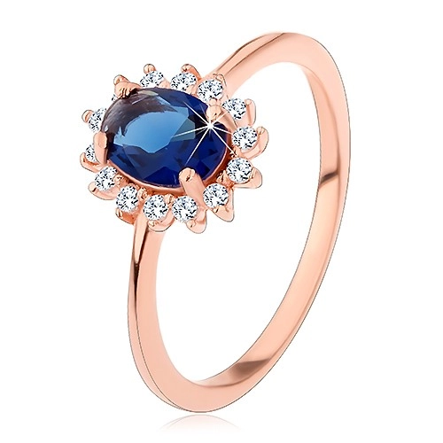 Stříbrný 925 prsten měděné barvy, tmavomodrý oválný zirkon s čirou obrubou - Velikost: 46