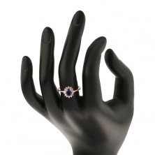 Stříbrný 925 prsten měděné barvy, tmavomodrý oválný zirkon s čirou obrubou