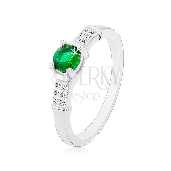 Zásnubní prsten, stříbro 925, zirkonová ramena, kulatý zelený zirkon