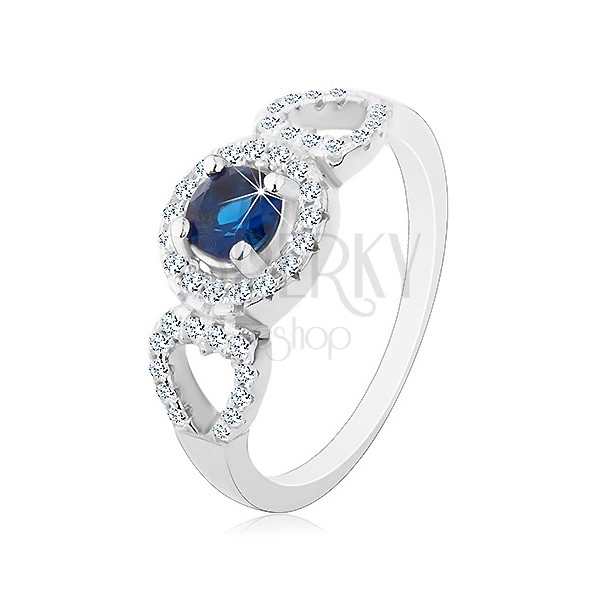 Prsten ze stříbra 925, kulatý modrý zirkon, blýskavé obrysy srdcí po stranách