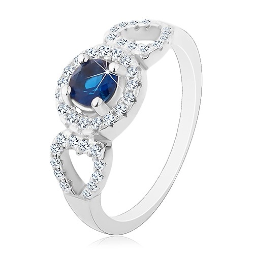 Prsten ze stříbra 925, kulatý modrý zirkon, blýskavé obrysy srdcí po stranách - Velikost: 57