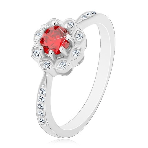 Stříbrný rhodiovaný prsten 925, blýskavý kvítek s červenooranžovým zirkonem - Velikost: 65