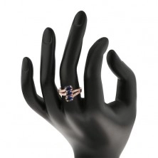 Stříbrný 925 prsten v měděném odstínu, tmavomodré broušené ovály, zvlněná ramena