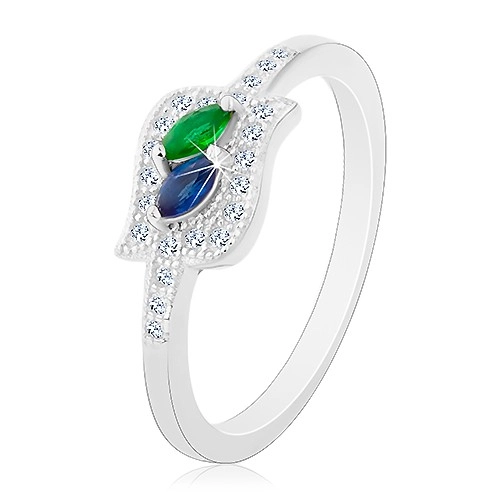 Stříbrný prsten 925, modré a zelené zirkonové zrnko v čiré kontuře, rhodiovaný - Velikost: 50