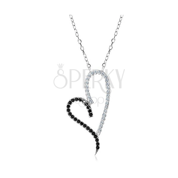 Stříbrný náhrdelník 925, obrys asymetrického srdce, čiré a černé zirkonky