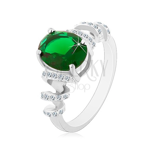 Zásnubní rhodiovaný prsten, stříbro 925, oválný zelený zirkon, blýskavé spirály