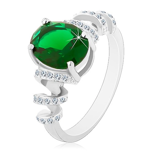 Zásnubní rhodiovaný prsten, stříbro 925, oválný zelený zirkon, blýskavé spirály - Velikost: 51