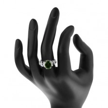 Zásnubní rhodiovaný prsten, stříbro 925, oválný zelený zirkon, blýskavé spirály