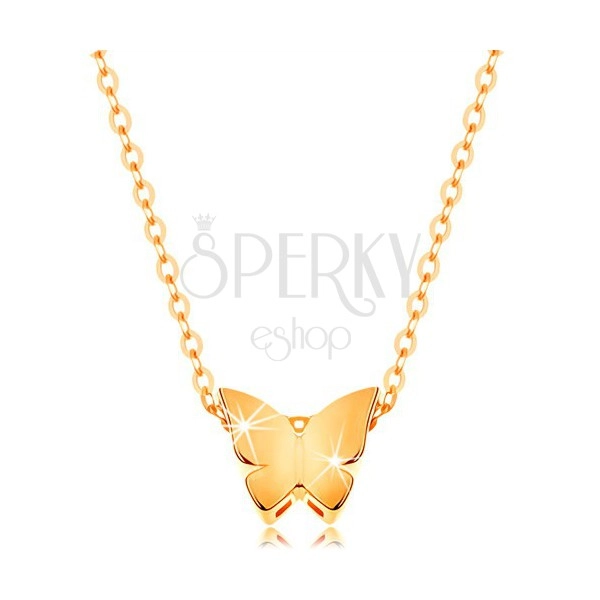 Zlatý 14K náhrdelník - lesklý řetízek, malý motýl s hladkým povrchem