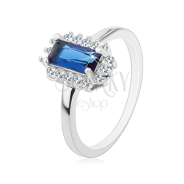 Rhodiovaný prsten, stříbro 925, obdélníkový modrý zirkon, čirý zirkonový lem