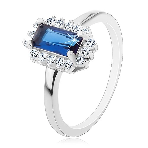 Rhodiovaný prsten, stříbro 925, obdélníkový modrý zirkon, čirý zirkonový lem - Velikost: 62
