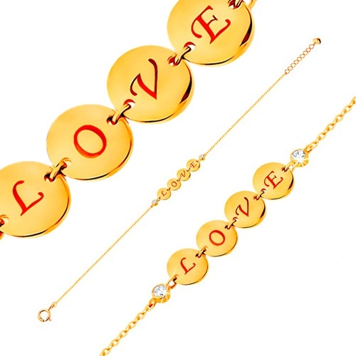Levně Náramek ve žlutém 14K zlatě - čtyři lesklé kruhy s nápisem LOVE, zirkony, 185 mm