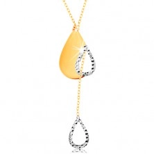 Zlatý 14K náhrdelník - jemný řetízek, slza s výřezem a visící obrys kapky
