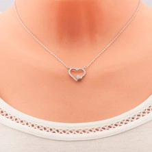 Rhodiovaný náhrdelník, stříbro 925, zirkonová kontura srdce a malé srdíčko