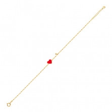 Zlatý 14K náramek - červené glazované srdce a čirý zirkonek, tenký řetízek, 180 mm