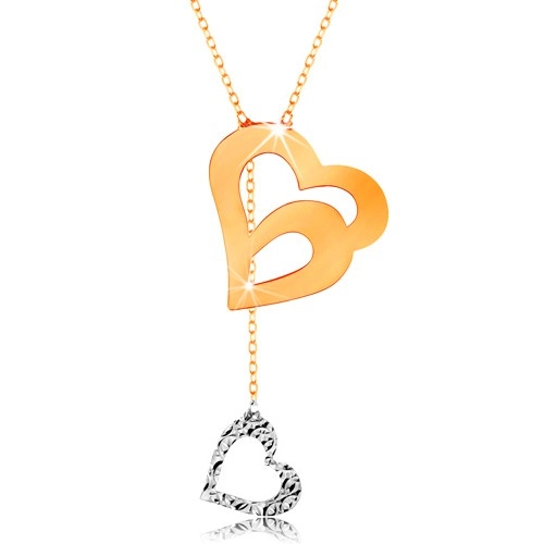 Zlatý náhrdelník 585 - jemný řetízek, dvojitá kontura srdce a visící srdíčko
