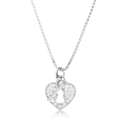 Stříbrný 925 náhrdelník - řetízek s přívěskem, srdcovitý zámeček s klíčkem