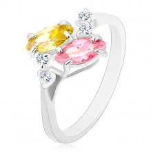 Prsten ve stříbrném odstínu, růžová a žlutá zirkonová zrnka, čiré zirkonky