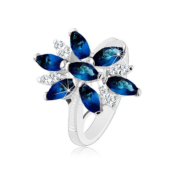 Blýskavý prsten stříbrné barvy, modro-čirý zirkonový květ, lesklá ramena