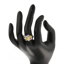 Prsten s rozdělenými rameny, žluté zirkonové ovály, čiré zirkony