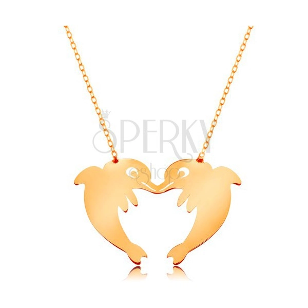 Zlatý 14K náhrdelník - jemný řetízek, dva delfíni tvořící obrys srdce