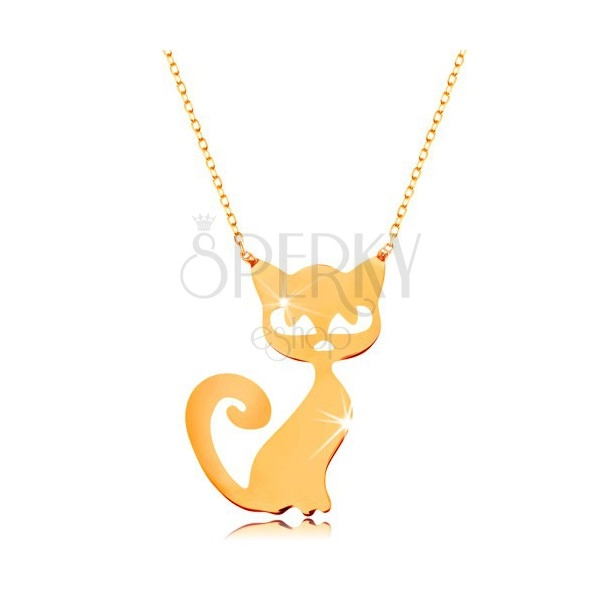 Zlatý náhrdelník 585 - jemný blýskavý řetízek, plochý přívěsek - kočička