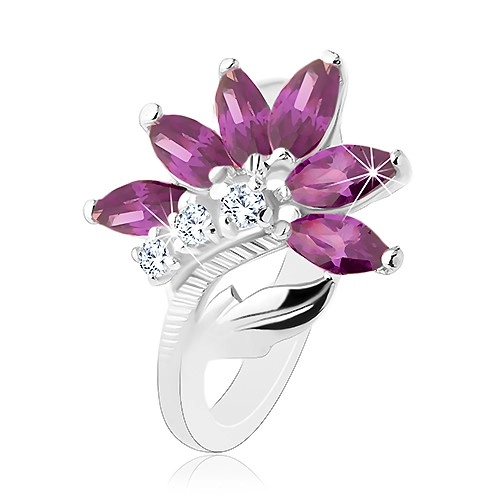 Blýskavý prsten ve stříbrné barvě, tmavě fialový květ, lesklý list - Velikost: 49