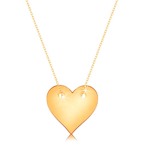 Náhrdelník ze žlutého 14K zlata - souměrné ploché srdce, jemný řetízek