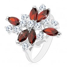 Lesklý prsten s úzkými rameny, tmavě červená zrnka a čiré kulaté zirkonky