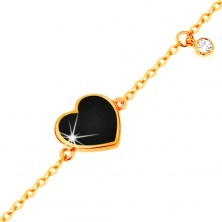 Zlatý 14K náramek - černé glazované srdce a čirý zirkonek, tenký řetízek