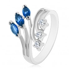 Prsten stříbrné barvy s rozvětvenými rameny, čiré a barevné zirkony