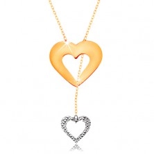 Náhrdelník ve 14K zlatě - jemný řetízek, obrys srdce a visícího srdíčka
