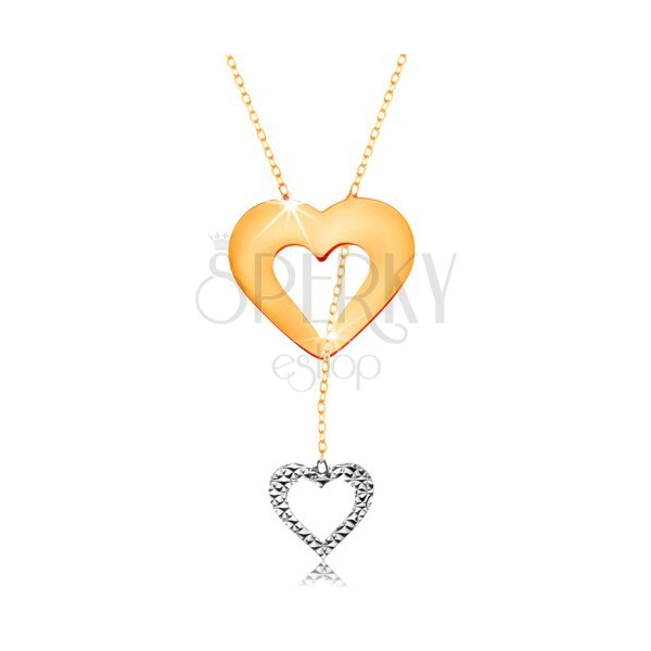 Náhrdelník ve 14K zlatě - jemný řetízek, obrys srdce a visícího srdíčka
