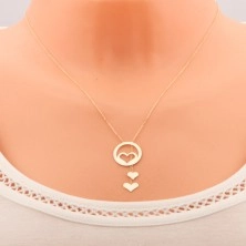 Zlatý náhrdelník 585 - kontura srdce v kroužku a dvě visící srdíčka na řetízcích