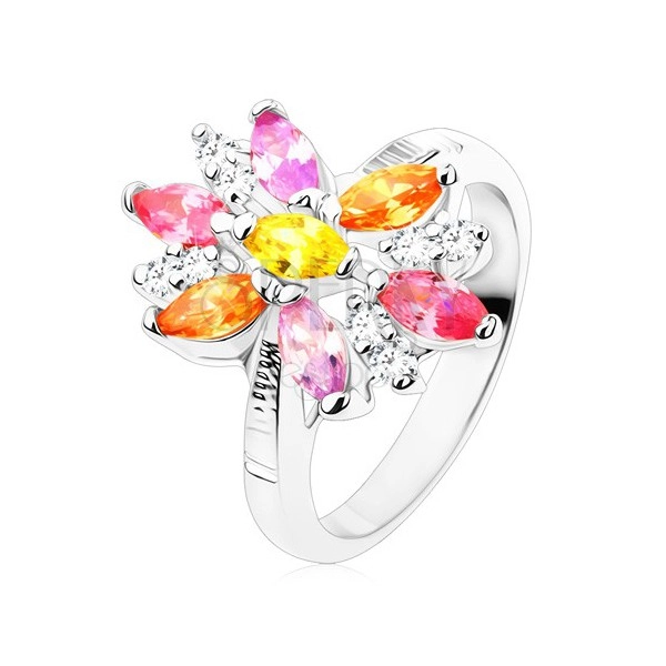 Prsten ve stříbrném odstínu, velký květ s barevnými a čirými lupínky